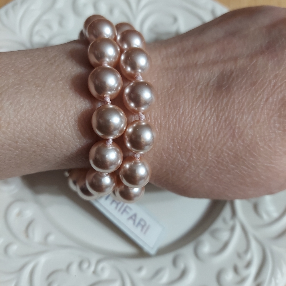 Trifari Silver/Rose Petal Pink, Hand Knotted, Double Strand Faux Pearl Bracelet
